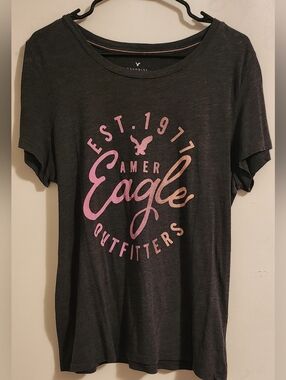 American Eagle Graphic Tee in Charcoal with Pink Ombre Logo